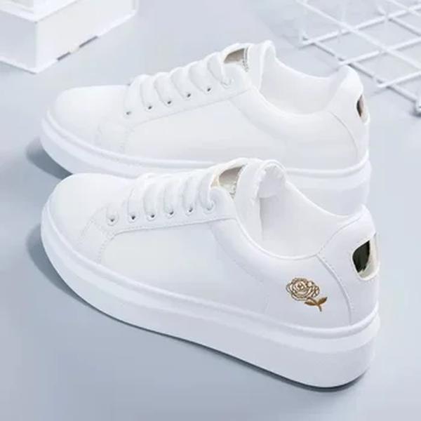 Sapatilhas bordadas com cordões florais para mulher, tênis de corrida, branco, respirável, casual, moda, primavera, outono, 2023