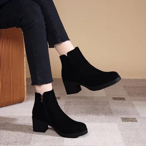 Ankle Boots de cabeça redonda feminina, de salto quadrado, monocromático, casual, tamanho, novo, moda, outono, inverno, 2023