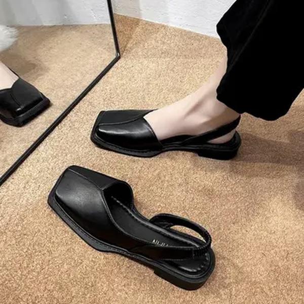 Sapatos de boca rasa de salto baixo para mulheres, sandálias fechadas, cabeça quadrada retrô, moda feminina, verão, novo, 2024