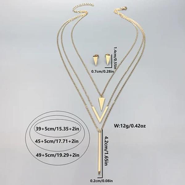 Colar de pingente geométrico em forma de V para mulheres, brincos multicamadas, presente de aniversário e Natal, conjunto de 3 peças, novo