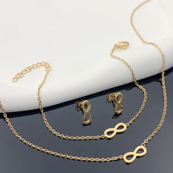 Colar e pulseira de aço inoxidável banhado a ouro 18k para mulheres, brincos boêmios, acessório para o Ramadã, presente dos namorados, tamanho 8, 4 pcs