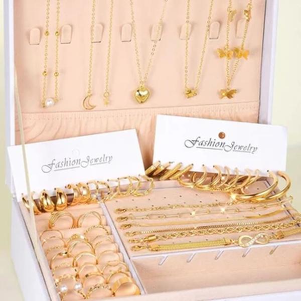 Gold Color Butterfly Star Chain Jewelry Set, Anel de Pérolas Coração, Pulseiras Infinito, Brincos de Argola, Moda Cor Prata, 46 pcs