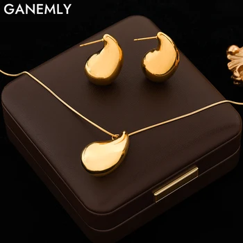 GANEMLY-Conjunto de brincos e colares Waterdrop brilhantes para mulheres, joias com charme impermeável, banhado a ouro 18k, aço inoxidável 316L, moda