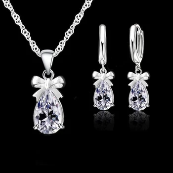 Novo conjunto de presentes 925 925 reais de prata esterlina com pedra branca cubic zirconia dangle brinco pingente de colar mulher conjunto de jóias