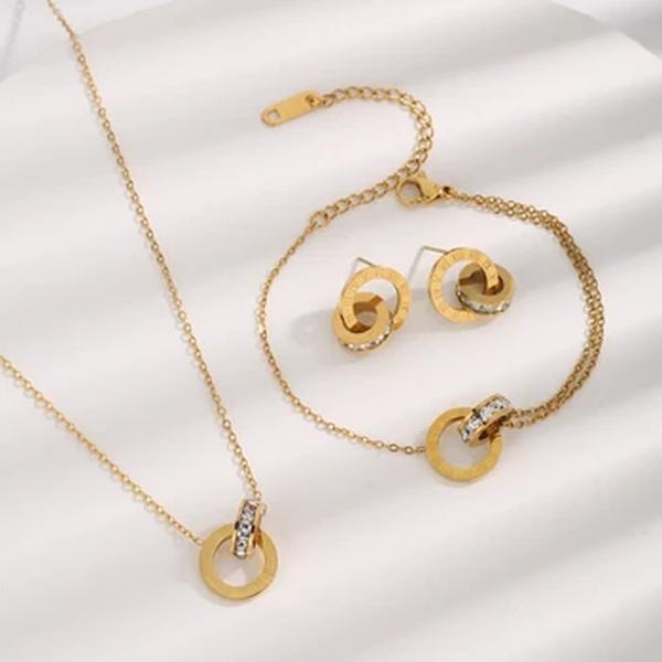 Aço inoxidável 18K banhado a ouro Bloqueio Círculos Set Jóias, colar, pulseira, brincos, números romanos, Estilo Infinito