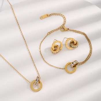 Aço inoxidável 18K banhado a ouro Bloqueio Círculos Set Jóias, colar, pulseira, brincos, números romanos, Estilo Infinito