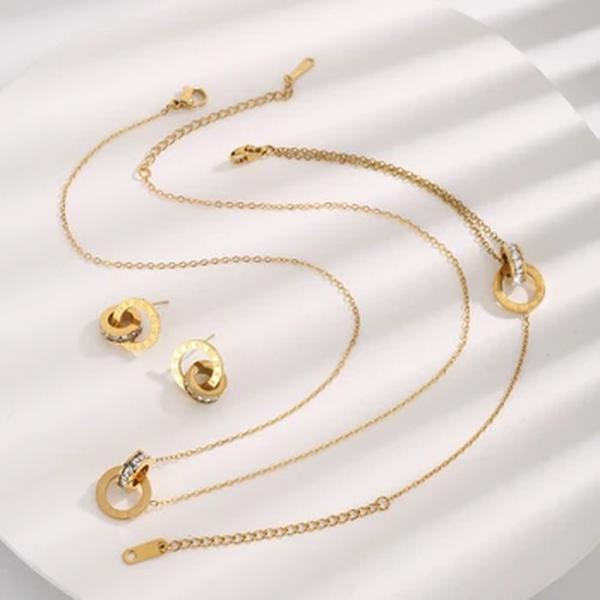 Aço inoxidável 18K banhado a ouro Bloqueio Círculos Set Jóias, colar, pulseira, brincos, números romanos, Estilo Infinito