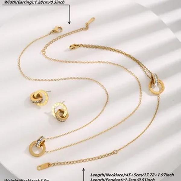 Aço inoxidável 18K banhado a ouro Bloqueio Círculos Set Jóias, colar, pulseira, brincos, números romanos, Estilo Infinito