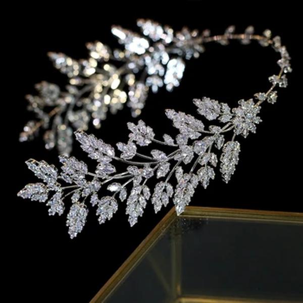 Asnora cabelo feminino com tiaras para casamento, joias com folhas de zircônia e cristal