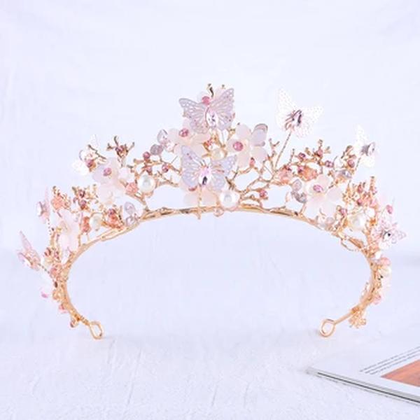 Liga dourada Nupcial Tiara com Borboleta Cristal, Coroa De Luxo, Rainha Festa Jóias, Acessórios de Cabelo, Alta Qualidade