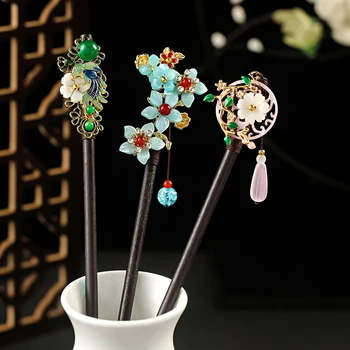 Vintage chinês madeira varas de cabelo para as mulheres, handmade luxo flor hairpins, pauzinhos para festa de casamento, cabeça jóias acessório