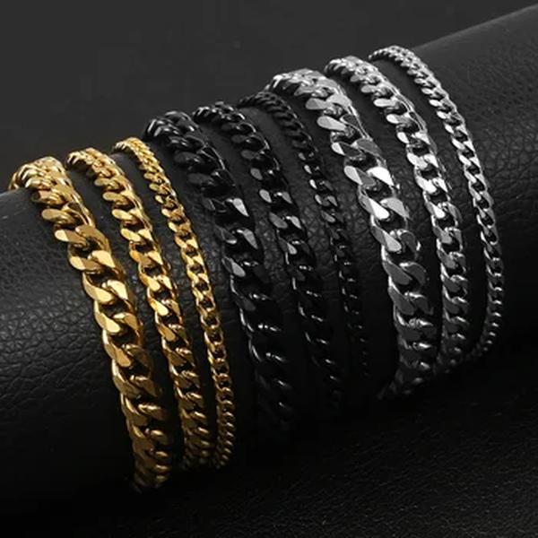 3/5/7/9/11mm largo curb cubana link chain pulseiras para homens mulheres sólido aço inoxidável preto ouro cor metal pulseira kbm03b