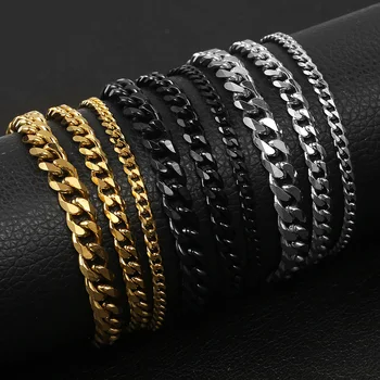 3/5/7/9/11mm largo curb cubana link chain pulseiras para homens mulheres sólido aço inoxidável preto ouro cor metal pulseira kbm03b