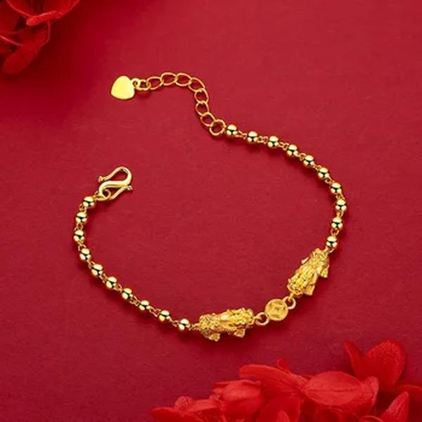 Pulseira de Contas Trançadas Femininas, Ouro Real, 24K Ouro Amarelo, 9999