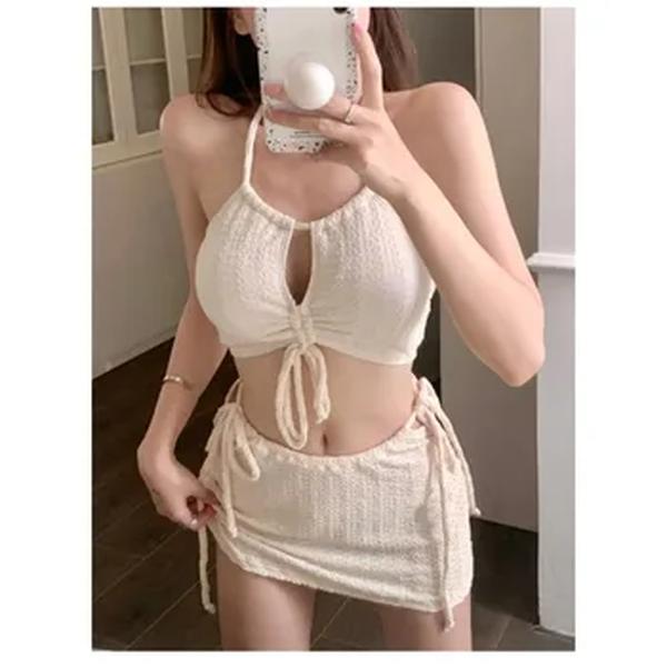 Conjunto de biquínis Halter sexy nervurado, conjuntos de três peças, maiô com gravata com cordão com mini saia, moda praia, moda, 2022