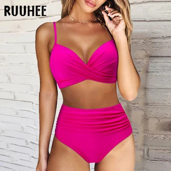 RUUHEE-Conjunto de biquíni feminino de cintura alta, maiô acolchoado, maiô ruched, maiô, 2021