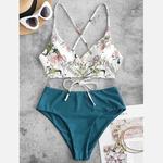 Fato de banho sexy sem costas feminino, conjunto de biquíni estampado, moda praia casual, conjunto de duas peças, moda verão