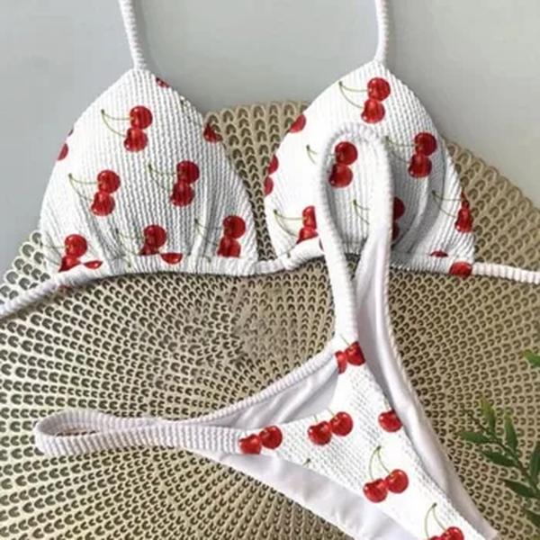 Conjunto brasileiro de biquíni tanga para mulheres, moda praia, tanga sexy, maiô, 2 peças, roupa de banho, estampa cereja fofa, 2023