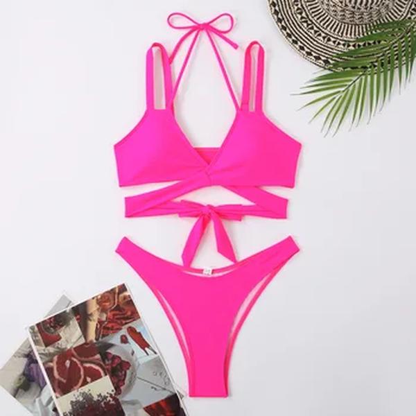 Conjunto de biquíni feminino de duas peças, maiô push up, gravatas com cinta, roupa sexy, roupa de banho monocromática feminina, roupas de praia 2022