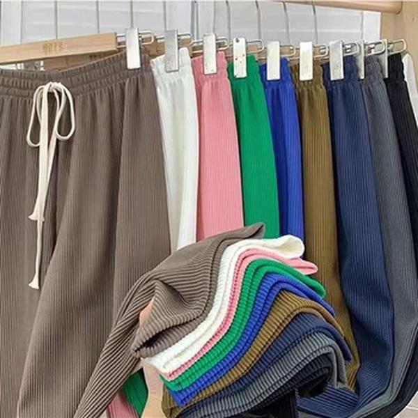 Calça feminina de pernas largas de cintura alta esticada, calça comprida de malha com cordão, verão 2023