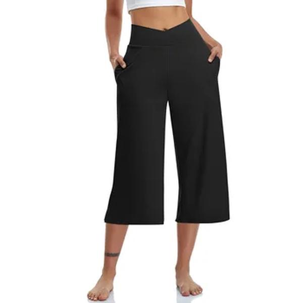 Calça feminina de cintura alta elástica, casual sólida, ajuste ativo, larga, perna capris, bolsos, calça, primavera e verão, 3/4, 2022