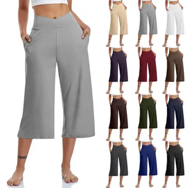 Calça feminina de cintura alta elástica, casual sólida, ajuste ativo, larga, perna capris, bolsos, calça, primavera e verão, 3/4, 2022