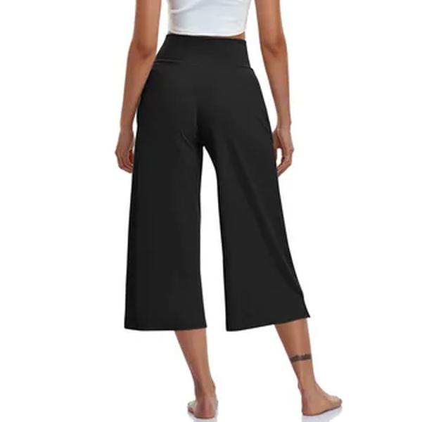 Calça feminina de cintura alta elástica, casual sólida, ajuste ativo, larga, perna capris, bolsos, calça, primavera e verão, 3/4, 2022