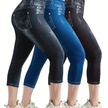 Leggings jeans estampados digitais para mulheres, slim fit, cintura alta, conjunto combinado elástico, moda casual, novo