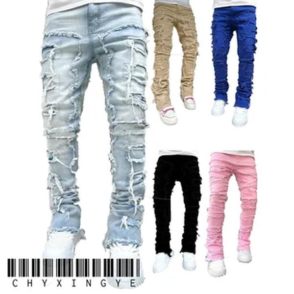 Calça jeans retrô de perna reta masculina, calça jeans de elástico, moda de rua, inelástica, nova