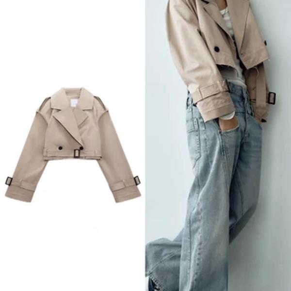 ZBZA outono feminino novo lapela de manga comprida moda trespassado botão fecho bolsos frontais trench coat recortado jaqueta curta casaco feminino agasalhos chique tops