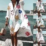 Robe de praia estampado boêmio feminino, vestido de praia, encobrimento de biquíni, decote em v, manga longa, roupa de natação, capas, vestido de verão solto, VVVV, 2023