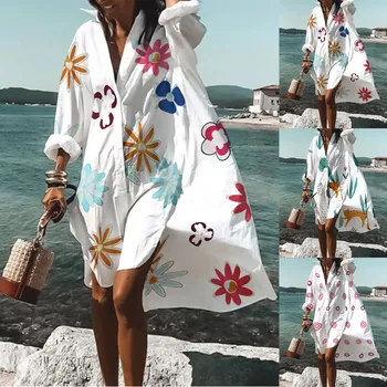 Robe de praia estampado boêmio feminino, vestido de praia, encobrimento de biquíni, decote em v, manga longa, roupa de natação, capas, vestido de verão solto, VVVV, 2023