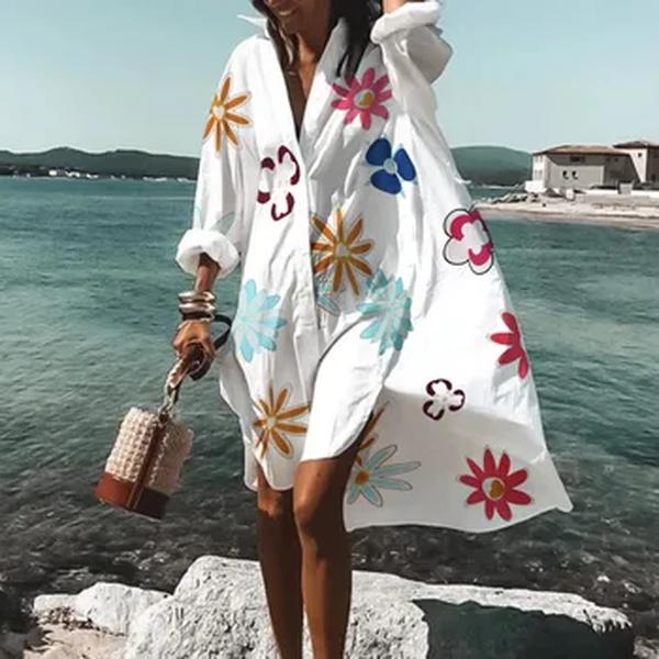 Robe de praia estampado boêmio feminino, vestido de praia, encobrimento de biquíni, decote em v, manga longa, roupa de natação, capas, vestido de verão solto, VVVV, 2023