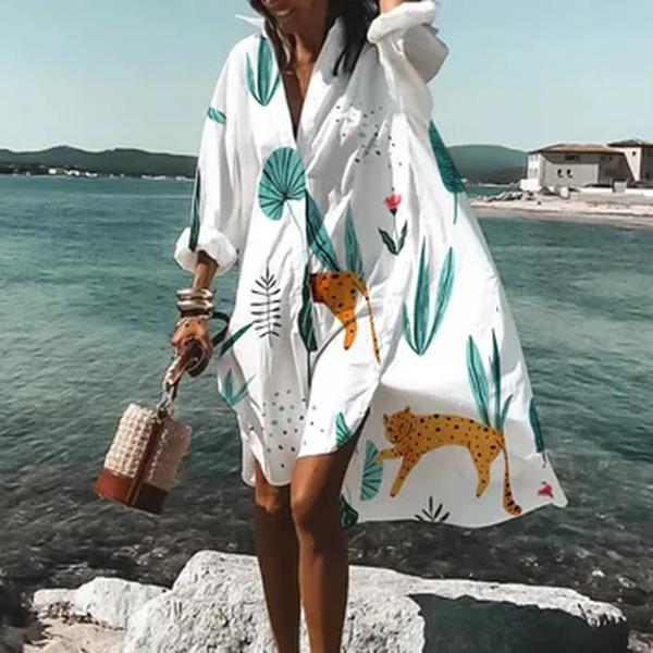 Robe de praia estampado boêmio feminino, vestido de praia, encobrimento de biquíni, decote em v, manga longa, roupa de natação, capas, vestido de verão solto, VVVV, 2023