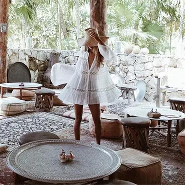 Vestido de praia oco de renda feminino, Cover-Ups, Fato de banho, Roupa de praia, Túnica, Maiô, Verão, senhoras