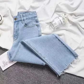 Jeans de perna reta de cintura alta para mulheres, calça de franja drapejada e emagrecedora, estilo coreano, novo para primavera, 2022