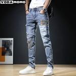 Jeans elegante rasgado masculino, calças retas finas, roupas jeans desfiadas, calças skinny, nova moda, 2023