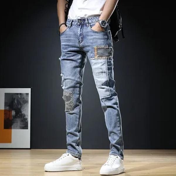 Jeans elegante rasgado masculino, calças retas finas, roupas jeans desfiadas, calças skinny, nova moda, 2023