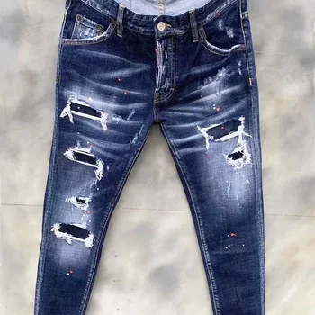 Jeans rasgado azul claro masculino com buracos, calça longa e skinny, roupas masculinas stretch, marca de luxo, qualidade, 2024