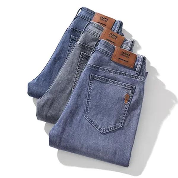 Calça jeans reta clássica masculina, jeans casual de negócios, marca de luxo leve, jeans elástico fino de alta qualidade