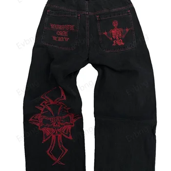 Calça jeans Hip Hop Y2K masculina e feminina, bordada em caveira retrô, calça jeans lavada, reta casual, calça larga de carga, streetwear, nova