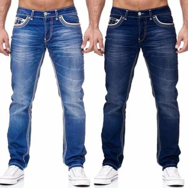 Jeans jeans monocromático com bolsos masculinos, calça reta, casual, streetwear diário, roupas de negócios, primavera e verão