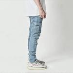 Calça jeans jeans de rua masculina, jeans cargo, cor sólida, multi bolsos, calça casual de cintura média, slim fit, roupa diária, corredores