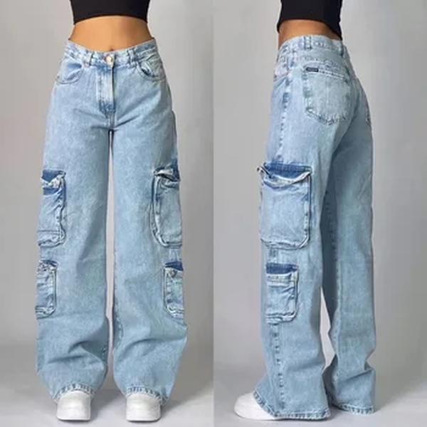 Jeans largos lavados azul claro para homens e mulheres, moda de rua alta, punk retrô, calças largas de cintura alta, streetwear americano novo, Y2K