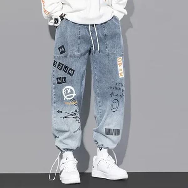 Calça jeans de perna reta masculina, jeans solto, estilo hip-hop, desenho animado graffiti, roupa casual, moda na moda