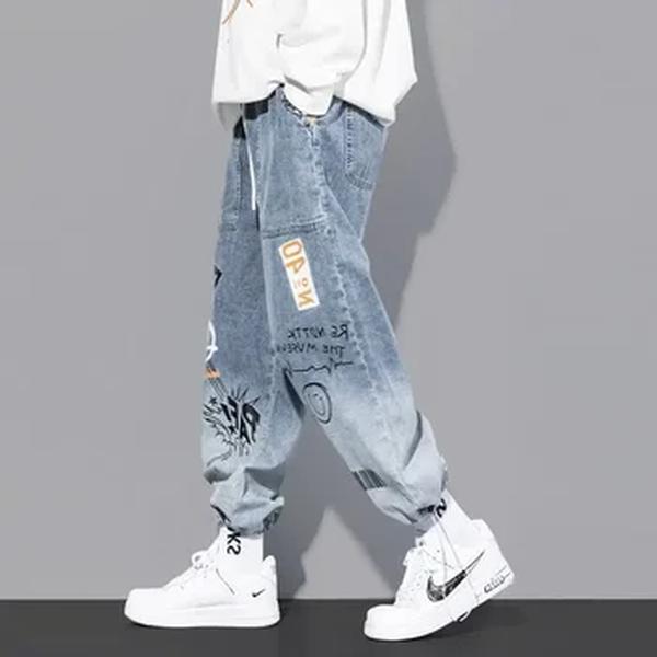 Calça jeans de perna reta masculina, jeans solto, estilo hip-hop, desenho animado graffiti, roupa casual, moda na moda