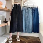 Saia jeans emagrecedora de cintura alta para mulheres, novo vestido longo em linha A, moda lateral, outono, 2023