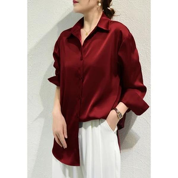 Camisas e blusas femininas com acabamento acetinado, blusa casual, manga comprida, botão, camisas elegantes, roupa francesa, monocromáticas, todos os fósforos, OL