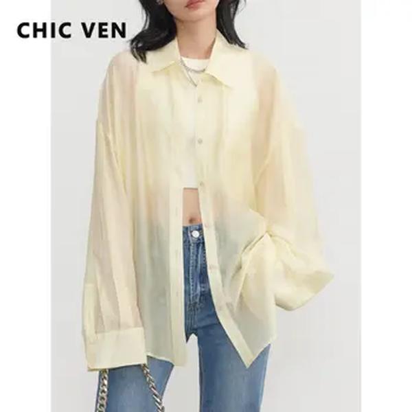 CHIC VEN-Blusas de manga comprida feminina, tops femininos, casaco de proteção solar, camisas monocromáticas, verão, roupas da moda, 2023