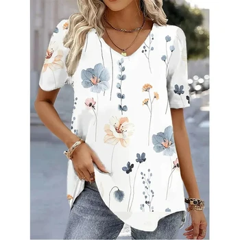 Camiseta kawaii com decote em v feminina, roupa feminina, camiseta grande, estampa de flores 3D, tops brancos, moda, verão, 2022